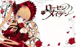  bangs blonde_hair blue_eyes bonnet copyright_name dress flower frills highres lolita_fashion long_hair official_art parted_lips peach-pit red_flower red_rose rose rozen_maiden shinku solo thorns twintails wallpaper 