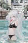  1girl bikini black_bikini black_eyes commentary english_commentary food food_in_mouth frilled_bikini frills hair_tie heterochromia highres long_hair original outdoors pink_eyes pool popsicle popsicle_in_mouth signature solo swimsuit tying_hair very_long_hair watakokyu white_hair 