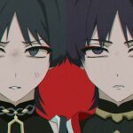  1boy 2boys anger_vein annoyed black_bodysuit black_hair blue_eyes bodysuit choppy_bangs dual_persona empty_eyes eyeliner genshin_impact gold highres jewelry kanabunsuii looking_at_viewer makeup male_focus mandarin_collar multiple_boys neck_ring parted_lips portrait purple_eyes purple_hair red_background red_eyeliner sanpaku scaramouche_(genshin_impact) shoulder_peek solo straight-on tsurime wanderer_(genshin_impact) white_mouth 