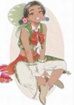  1girl adversarial_noise black_hair blush boots bow brown_boots brown_eyes center_frills crop_top dark-skinned_female dark_skin fingerless_gloves flower frills gloves green_hat green_vest grin hair_flower hair_ornament hat highres indian_style lily_hawk_(outfit_3) looking_at_viewer mexican_clothes midriff official_alternate_costume official_alternate_hairstyle pants red_bow red_sash sash shirt sitting smile solo sombrero street_fighter street_fighter_6 tongpooym twintails vest waist_sash white_gloves white_pants white_shirt 