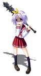  1girl black_socks blank_stare bow_hairband club_(weapon) commentary_request dot_nose double_horizontal_stripe full_body hairband highres hiiragi_tsukasa holding holding_club holding_weapon kneehighs loafers lucky_star neckerchief pink_neckerchief purple_eyes purple_hair red_sailor_collar red_skirt rindou_(awoshakushi) ryouou_school_uniform sailor_collar school_uniform serafuku shaded_face shadow shoes short_hair skirt socks solo spiked_club weapon white_background yellow_hairband 