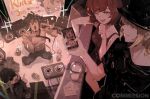  2boys 2girls black_hat black_necktie black_shirt blonde_hair brown_hair can cellphone character_name cherry_(cytus) closed_eyes commentary commission cytus cytus_ii dreadlocks drink_can english_commentary facial_hair glass grey_hair gsusart hat holding holding_microphone holding_phone joe_(cytus) laughing microphone multiple_boys multiple_girls necktie one_eye_closed open_mouth phone pointing pointing_at_another recording red_hair shaded_face shirt short_hair simon_jackson singing smartphone smile speaker stage t-shirt tank_top topless_male 