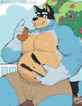  1boy animal_ears armpit_hair bandit_heeler bara belly biceps binpand black_fur blue_fur bluey brown_shorts bulge can claws closed_mouth commentary dog_boy dog_ears dog_tail english_commentary fangs furry furry_male highres holding holding_can holding_tongs looking_at_another male_focus male_underwear multicolored_fur navel patreon_username pectorals plump shorts signature smile tail tongs topless_male underwear yellow_fur 