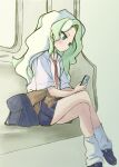  1girl absurdres bag blonde_hair blue_eyes blue_skirt cellphone clothes_around_waist commentary crossed_legs diana_cavendish earphones highres little_witch_academia long_hair loose_socks multicolored_hair necktie phone school_bag school_uniform shirt shoes sitting skirt smartphone socks solo sukato_(sukato_) sweater sweater_around_waist train_interior two-tone_hair 