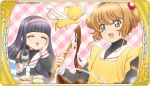  2girls :d ^_^ black_hair blunt_bangs blush_stickers border brown_hair camcorder camera cardcaptor_sakura chocolate closed_eyes creature daidouji_tomoyo green_eyes hairband hand_on_own_cheek hand_on_own_face holding holding_camera holding_spatula kero_(cardcaptor_sakura) kinomoto_sakura long_hair multiple_girls necktie official_art open_mouth ornate_border pink_background pink_hairband plaid_background school_uniform short_hair short_twintails smile spatula third-party_source tomoeda_elementary_school_uniform twintails video_camera white_necktie 