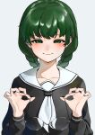  1girl black_serafuku braid closed_mouth clover_knight_(vocaloid) collarbone commentary_request glasses green_eyes green_hair highres holding holding_removed_eyewear iyowa_girls long_hair looking_at_viewer midori-chan_(iyowa) monuyu_i neckerchief sailor_collar school_uniform serafuku simple_background smile solo straight-on twin_braids unworn_eyewear upper_body white_background white_neckerchief white_sailor_collar 