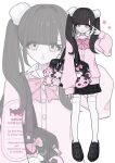  1girl bag bag_charm black_hair black_shoes black_skirt bow bowtie cardigan charm_(object) commentary different_zoom_layer hand_up highres jirai_kei long_hair long_sleeves looking_at_viewer miniskirt original pink_bow pink_bowtie pink_cardigan plaid_clothes plaid_skirt school_uniform shoes shoulder_bag skirt thighhighs twintails v white_thighhighs yakitori_egg zoom_layer 