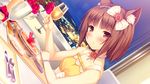  alcohol animal_ears azuki_(sayori) blush breasts brown_eyes brown_hair cat_ears dress drunk food game_cg hair_ribbon nekopara ribbon sayori slit_pupils small_breasts solo 