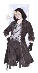  1boy absurdres belt_buckle black_gloves black_jacket black_pants blonde_hair blue_eyes border buckle closed_mouth cloud_strife cloud_strife_(urban_wolf) commentary cowboy_shot cropped_legs dissidia_duellum_final_fantasy dissidia_final_fantasy fenrir_(ff7) final_fantasy final_fantasy_vii gloves hand_on_own_hip heart highres hood hood_up hooded_jacket jacket male_focus pants print_shirt prototype_design purple_background robasarel shirt short_hair solo spiked_hair spoken_heart white_border 