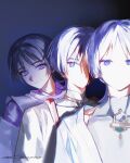  3boys behind_another black_hair blood blood_from_forehead blunt_ends bodysuit bright_pupils choppy_bangs closed_mouth clothing_cutout cnorkie covered_collarbone eyeliner genshin_impact gold grey_bodysuit grey_kimono hair_intakes head_tilt highres japanese_clothes jewelry juban kariginu kimono layered_sleeves looking_at_viewer makeup mandarin_collar multiple_boys multiple_persona neck_ring no_mouth parted_bangs portrait purple_background purple_eyes purple_hair purple_kimono purple_sleeves red_eyeliner red_kimono scaramouche_(genshin_impact) scaramouche_(kabukimono)_(genshin_impact) shoulder_cutout shoulder_peek tsurime twitter_username wanderer_(genshin_impact) white_kimono white_pupils white_sleeves 