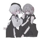  2girls artist_name bandaid bandaid_on_face bare_shoulders belt beret black_choker black_coat black_dress black_hat black_tank_top choker closed_mouth coat collared_coat colored_inner_hair commentary_request crossed_bangs cuffs dress flower flower-trimmed_sleeves gauze_on_arm gradient_hair grey_hair hair_between_eyes hair_flower hair_ornament hat hat_flower hat_ribbon highres korean_commentary long_sleeves mahou_shoujo_no_majo_saiban mirage_mnsb multicolored_hair multiple_girls neck_ribbon pink_eyes pink_hair red_eyes red_hair ribbon sakuraba_ema shackles shirt shito_alisa short_hair signature simple_background sleeveless sleeveless_coat smile stitched_face stitches tank_top twitter_username white_background white_flower white_hair white_ribbon white_shirt white_sleeves x_hair_ornament yuri 