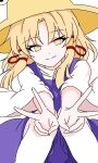  13nonaigdaz 1girl blonde_hair brown_hat closed_mouth commentary_request double_v hair_ribbon hat highres long_sleeves moriya_suwako purple_skirt purple_vest red_ribbon ribbon simple_background skirt skirt_set smile solo touhou tress_ribbon v vest white_background wide_sleeves yellow_eyes 