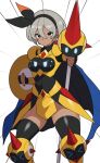  1girl armor armored_boots armored_skirt bea_(pokemon) black_bodysuit black_cape black_hairband black_thighhighs blue_cape bodysuit boots bow_hairband bracer breasts cape closed_mouth commentary_request cosplay covered_navel cowboy_shot dark-skinned_female dark_skin falinks fingerless_gloves gloves grey_eyes grey_hair hair_between_eyes hairband holding holding_polearm holding_shield holding_weapon looking_at_viewer mega_falinks mega_falinks_(cosplay) mituyota_76 pokemon pokemon_sword_and_shield polearm shield short_hair shoulder_armor solo spear thighhighs two-sided_cape two-sided_fabric weapon white_background zettai_ryouiki 