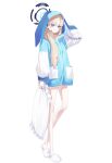  1girl absurdres arm_behind_head blonde_hair blue_archive blue_eyes blue_halo blue_jacket closed_mouth commentary earpiece hair_over_shoulder halo highres holding holding_pillow hood hood_up hooded_jacket jacket kiwi_(uwee8553) long_hair microphone no_pants pillow slippers smile toki_(blue_archive) 