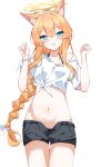  1girl absurdres animal_ear_fluff animal_ears black_shorts blue_archive blue_eyes blush braid braided_ponytail cat_ears collar commentary_request hair_between_eyes hair_ribbon halo highres kabocya_na long_hair looking_at_viewer mari_(blue_archive) navel orange_hair ribbon shirt shorts single_bare_shoulder smile solo thighs tied_shirt white_shirt yellow_halo 