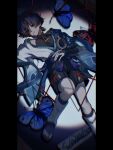  1boy armor arrow_(projectile) arrow_in_body arrow_in_head belt black_belt black_bodysuit black_border black_eyes black_hair black_sandals black_shorts blood blood_from_mouth blue_butterfly blue_cape blue_kimono blue_sleeves blunt_ends bodysuit border bridal_gauntlets bug butterfly cape character_name covered_collarbone doll_joints empty_eyes furisode genshin_impact gold gold_ring grey_bridal_gauntlets hakama hakama_shorts hand_on_own_stomach harpoon highres japanese_armor japanese_clothes joints juban kimono kote kurokote layered_sleeves leg_warmers looking_up lying male_focus mandarin_collar middle_ring object_through_head on_back open_clothes open_kimono parted_lips pillarboxed pleated_shorts purple_rope purple_sash red_butterfly rope sandals sash scaramouche_(genshin_impact) short_sleeves shorts shoulder_peek side_cape solo spotlight tassel toes w02_14 wanderer_(genshin_impact) white_kimono white_leg_warmers white_mouth white_sleeves white_trim wispy_bangs zouri 