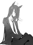  1girl ahoge closed_mouth coat coffeeseal collared_shirt commentary_request crossed_legs ear_ornament ear_tag earrings gloves greyscale hair_between_eyes highres jewelry korean_commentary long_hair long_hair_between_eyes long_sleeves looking_at_viewer loose_necktie manhattan_cafe_(umamusume) monochrome multicolored_hair necktie open_clothes open_coat pants shirt single_earring sitting solo umamusume very_long_hair 