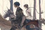  2boys absurdres animal arknights armor armored_animal black_eyes black_hair black_shirt braid brown_hair brown_horns chain closed_mouth commentary day english_commentary from_side gauntlets highres hood hood_down horns horse horseback_riding long_hair male_focus multiple_boys outdoors parted_lips plant pointy_ears profile riding shirt short_hair tail tree wan_qing_(arknights) white_hood white_horns yeahthemoleinchemistry zuo_le_(arknights) 