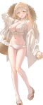  1girl absurdres arm_behind_head bag bikini blonde_hair breasts commentary_request cross_hair_ornament full_body hair_ornament hat highres kinako_(shiratama_mochi) large_breasts long_hair looking_at_viewer navel open_clothes open_mouth open_shirt original platform_sandals sandals shirt shoulder_bag simple_background solo standing standing_on_one_leg stomach straw_hat swimsuit toes twitter_username white_background white_bikini white_shirt wing_hair_ornament yellow_eyes 