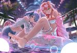  2girls :p aerial_fireworks ahoge alternate_costume armpit_crease barefoot bikini bikini_under_clothes blue_hair blue_shorts blurry blurry_background blush breasts closed_mouth commentary_request feet fireworks foot_focus foreshortening frilled_thigh_strap green_eyes hair_between_eyes heart heart-shaped_eyewear highres hololive hoshimachi_suisei innertube jacket ka_ke_05 large_breasts leaning_forward legs long_hair looking_at_viewer multiple_girls nail_polish night one_side_up open_clothes open_jacket open_shirt palm_tree pink-tinted_eyewear pink_hair pink_jacket pink_nails pool sakura_miko shirt short_shorts shorts side_ponytail sitting small_breasts soaking_feet soles splashing sunglasses swim_ring swimsuit thigh_strap tinted_eyewear toenail_polish toenails toes tongue tongue_out tree virtual_youtuber water watermark white_shirt 