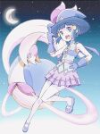  1girl :d blue_gloves blue_hat capelet commentary_request crescent_moon cresselia dawn_(pokemon) gloves gobou_(pixiv37182083) hat highres idol_clothes mary_janes moon pink_eyes pokemon pokemon_masters_ex shoes sidelocks sky smile star_(sky) starry_sky thighhighs white_thighhighs 