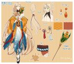  1boy :o absurdres alternate_costume asa_no_ha_(pattern) black_sandals black_sash black_shrug blonde_hair blue_coat blue_kimono blush border bouquet braid braided_bangs cherry_blossom_print closed_mouth coat cowlick daffodil daffodil_print earrings english_commentary english_text floral_print floral_print_coat floral_print_kimono flower flower_knot flower_wand flying_sweatdrops full_body gradient_clothes gradient_kimono green_eyes hair_between_eyes hair_ornament hand_up haori_himo high-ended_braid highres holding holding_bouquet holding_wand japanese_clothes jewelry kikumon kimono long_hair long_sleeves looking_at_viewer low-braided_long_hair low-tied_long_hair male_focus mixed-language_commentary multiple_views off_shoulder okobo orange_coat outline outside_border platform_sandals print_kimono reference_sheet rope_belt sakuramon sandals sash sayagata seigaiha shrug_(clothing) side_braid smile socks solo standing stud_earrings tabi tassel tassel_hair_ornament teaiyuh the_tale_of_food two-sided_coat two-sided_fabric very_long_hair waist_sash wand white_border white_kimono white_outline white_socks wide_sleeves yangzhou_fried_rice_(the_tale_of_food) yellow_background yellow_flower 