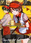  1boy 1girl ;) absurdres apron badge black_necktie black_pants braid brown_eyes brown_hair button_badge character_request closed_mouth clothes_around_waist collared_shirt commission copyright_request cowboy_shot cup disposable_cup drinking_straw employee_uniform fast_food fast_food_uniform frilled_skirt frills green_hair hair_between_eyes hair_ornament hairclip hangui highres holding holding_tray indoors leaning_forward long_sleeves looking_at_viewer mcdonald's mihuashi_commission necktie one_eye_closed pants puffy_short_sleeves puffy_sleeves red_skirt red_wrist_cuffs shirt short_hair short_sleeves skirt smile string_of_flags striped_clothes striped_shirt table thank_you tray twin_braids vertical-striped_clothes vertical-striped_shirt visor_cap watermark watermark_grid white_apron white_shirt wrist_cuffs 