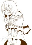  1girl arm_wrap braid chain cloak closed_mouth cowboy_shot cuffs curse_maker curse_maker_2 highres hood hood_down hooded_cloak hunched_over long_hair looking_ahead medallion monochrome ryoutya sekaiju_no_meikyuu sekaiju_no_meikyuu_1 shackles simple_background solo twin_braids white_background 