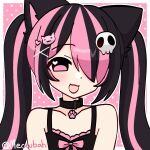  1girl :3 animal_ears artist_name black_choker black_hair border borrowed_character cat_ears cat_hair_ornament choker collarbone hair_ornament hair_over_one_eye highres long_hair looking_at_viewer meowbah multicolored_hair open_mouth original outline pink_background pink_eyes pink_streaks polka_dot polka_dot_background portrait sidelocks simple_background skull_hair_ornament smile solo streaked_hair twintails twitter_username white_border white_outline x_hair_ornament 