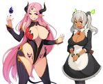  :d :q apron ass_visible_through_thighs bangs bare_shoulders black_legwear bow bracelet breasts brooch center_opening cleavage cleavage_cutout cowboy_shot curvy dark_skin demon demon_girl demon_horns demon_tail detached_collar detached_sleeves facial_mark fingernails floating floating_object forehead_mark frills gem groin hair_ornament half-closed_eyes halterneck hand_up hands_together highleg highleg_leotard highres hips horns jewelry lace large_breasts leotard long_fingernails long_hair long_pointy_ears looking_at_viewer maid maid_apron maid_headdress multiple_girls nail_polish naughty_face necktie open_mouth orange_eyes pantyhose partially_visible_vulva pink_hair pointy_ears purple_eyes ribbed_legwear ribbed_leotard ribbon sidelocks silver_hair smile standing succubus suruga_kreuz tail tattoo thighhighs thighs tongue tongue_out turtleneck twintails unzipped very_long_hair zipper 