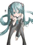  1girl absurdres bare_shoulders black_boots black_hairband black_skirt black_sleeves blue_eyes blue_hair blue_nails blue_necktie boots closed_mouth commentary detached_sleeves double-parted_bangs english_commentary full_body grey_shirt hair_between_eyes hairband hand_up hatsune_miku highres knees_up long_hair long_sleeves miniskirt nail_polish necktie pleated_skirt shirt simple_background sitting skirt sleeveless sleeveless_shirt smile solo thigh_boots twintails very_long_hair vocaloid w wazawai_(isotwen) white_background 