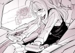  ahoge cockpit crying crying_with_eyes_open ejection_seat enhanced_mesugaki_soldier_(kato_takuji) greyscale hair_between_eyes highres holographic_monitor kato_takuji long_hair mecha mechanical_buddy_universe monochrome robot science_fiction smile tears 