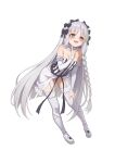  1girl absurdres bare_shoulders black_bow black_dress black_eyes blush bow braid breasts collar commentary detached_collar detached_sleeves dress fate/strange_fake fate_(series) francesca_prelati_(fate) frilled_collar frills full_body garter_straps grey_hair hair_bow high_heels highres index_finger_raised long_hair looking_at_viewer mana_(wzn0130) open_mouth parted_bangs ringed_eyes small_breasts smile solo striped_clothes striped_dress thighhighs very_long_hair white_thighhighs 