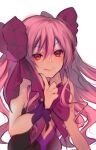  1girl bare_shoulders black_choker black_leotard blush bow choker commentary_request dainatsu dead_apostle_noel_(tsukihime) fang finger_to_cheek hair_between_eyes hair_bow hand_up highres index_finger_raised leotard long_hair looking_at_viewer mole mole_under_mouth noel_(tsukihime) pink_bow pink_hair purple_wrist_cuffs red_eyes slit_pupils smile solo tsukihime tsukihime_(remake) two_side_up upper_body vampire wavy_hair wavy_sidelocks wrist_cuffs 