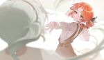  21l8o 2girls absurdres ahoge aqua_hair black_hairband black_ribbon blurry blurry_foreground bright_pupils brown_dress dancing depth_of_field dress drill_hair forehead hairband hatsune_miku highres kasane_teto multiple_girls numb_numb_(vocaloid) outstretched_arm parted_bangs red_eyes red_hair ribbon shirt simple_background synthesizer_v twin_drills twintails utau vocaloid white_background white_pupils white_shirt 