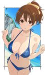  1girl beach bikini blonde_hair blue_bikini border breasts brown_eyes cleavage collarbone commentary cowboy_shot day front-tie_bikini_top front-tie_top hair_ribbon halterneck hands_up high_ponytail highres himahari_neru hirasawa_ui k-on! large_breasts looking_at_viewer medium_hair navel open_mouth outdoors outside_border ponytail ribbon rock sand shore side-tie_bikini_bottom sky solo string_bikini swimsuit triangle_bikini_top two_side_up water white_border yellow_ribbon 