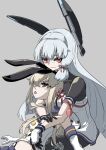  2girls anchor_hair_ornament black_hairband black_neckerchief black_panties black_pantyhose blonde_hair blue_sailor_collar blunt_tresses brown_eyes commentary_request crop_top donguri_(kino4405) dress elbow_gloves floating_headgear gloves grey_background grey_hair hair_ornament hair_ribbon hairband headgear highleg highleg_panties highres hug hug_from_behind kantai_collection long_hair miniskirt multiple_girls murakumo_(kancolle) murakumo_kai_ni_(kancolle) neckerchief orange_eyes panties pantyhose ribbon sailor_collar shimakaze_(kancolle) shirt simple_background skirt sleeveless sleeveless_shirt tress_ribbon underwear upper_body white_dress white_gloves 