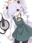  1girl belt black_pantyhose blue_archive blush choker collared_shirt commentary_request cowboy_shot crossed_bangs dress dress_shirt green_belt green_dress grey_hair hair_over_one_eye halo hand_up holding holding_paper kanoe_(blue_archive) long_hair long_sleeves looking_at_viewer microphone neck_ribbon open_mouth orange_eyes orange_ribbon pantyhose paper pinafore_dress pop_filter red_halo ribbon shirt sidelocks simple_background sleeveless sleeveless_dress solo teeth tobimatsu_mutsutarou two_side_up upper_teeth_only very_long_hair white_background white_shirt 