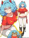  1girl 2026_fifa_world_cup blue_eyes blue_hair blush breasts cat choker collarbone commentary_request hatsune_miku hatsune_miku_world_cup_custody_battle_(meme) jk_arts marc_cucurella meme midriff navel o3o shirt spain spanish_commentary spanish_flag spanish_miku spanish_national_soccer_team_uniform tied_shirt vocaloid wavy_hair world_cup 