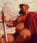  1boy asad_(axelwarriorvs) axel_(axelwarriorvs) bara bare_pectorals beard beard_over_mouth big_belly braid braided_beard connected_beard earrings facial_hair fat fat_man feet_out_of_frame full_beard grey_hair hairy highres jewelry large_pectorals long_beard long_mustache looking_at_viewer male_focus mature_male mole mole_under_eye multicolored_hair muscular muscular_male mustache navel navel_hair nipples original pectorals planted planted_sword serious short_hair shorts side_cape sideways_glance sitting solo stomach streaked_hair sword thick_beard thick_chest_hair thick_eyebrows thick_leg_hair thick_navel_hair thick_neck thighs very_hairy weapon wrinkled_skin 