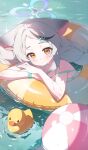  1girl afloat animal_ear_fluff animal_ears ball beachball bikini black_hair blue_archive blue_halo blush braid commentary_request grey_hair hair_ornament hairclip halo highres innertube kokona_(blue_archive) kokona_(swimsuit)_(blue_archive) korean_commentary long_hair looking_at_viewer multicolored_hair official_alternate_costume on_innertube orange_eyes parted_bangs parted_lips partially_submerged plaid_bikini plaid_clothes rubber_duck sh1on solo streaked_hair swim_ring swimsuit twin_braids water wet 