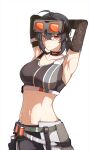  1girl absurdres ahoge armpits arms_behind_head arms_up asymmetrical_gloves belt black_choker black_gloves black_hair black_pants black_sports_bra breasts buckle cape choker closed_mouth collarbone commentary cowboy_shot english_commentary explosive fishnet_gloves fishnets gloves goggles goggles_on_head grace_howard grenade grey_belt groin hair_between_eyes highres khim7331 large_breasts long_hair looking_at_viewer midriff mismatched_gloves navel orange_eyes pants sidelocks simple_background smile snap-fit_buckle solo sports_bra standing sweat waist_cape white_background white_cape zenless_zone_zero zipper_top 