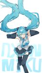  1girl :p ;p arune_(pixiv_123007831) bare_shoulders black_boots black_skirt black_sleeves blue_eyes blue_hair blue_necktie boots character_name closed_mouth collared_shirt commentary_request detached_sleeves double-parted_bangs floating_hair foot_out_of_frame grey_shirt hair_between_eyes hair_floating_upwards hatsune_miku highres long_hair long_sleeves miniskirt necktie one_eye_closed pleated_skirt shirt simple_background skirt sleeveless sleeveless_shirt solo standing standing_on_one_leg thigh_boots tie_clip tongue tongue_out twintails very_long_hair vocaloid white_background zettai_ryouiki 