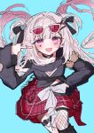  1girl :d bare_shoulders blue_background blunt_bangs blush eyewear_on_head facial_mark fang fishnet_thighhighs fishnets hair_ornament hair_ribbon heart heart_facial_mark highres honkai:_star_rail honkai_(series) long_hair long_sleeves looking_at_viewer miniskirt official_alternate_costume official_alternate_hairstyle ooo00_cha pink_eyes red_skirt ribbon sidelocks simple_background single_thighhigh sketch skin_fang skirt smile solo sparkle_(honkai:_star_rail) sparxie_(candy-coated_waves)_(honkai:_star_rail) sparxie_(honkai:_star_rail) sunglasses thigh_strap thighhighs twintails v very_long_hair white_hair x_hair_ornament 