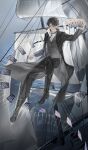  1boy absurdres black_hair black_necktie black_pants black_shoes black_suit black_vest bug card fly flying highres klein_moretti lord_of_the_mysteries necktie pants samuelphelps ship shirt shoes solo suit tarot vest watercraft white_shirt 
