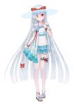  1girl dairoku_ryouhei flip-flops flower full_body hair_over_one_eye hat highres kaname214 long_hair pale_skin red_eyes ribbon sandals simple_background sophia_garland swimsuit transparent_background very_long_hair white_hair 
