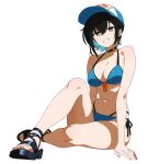  .live 1girl aqua_hair armpit_crease baseball_cap bikini black_choker black_sandals blue_bikini breasts brown_eyes choker cleavage colored_inner_hair commentary earrings feet full_body hair_between_eyes halterneck hat highres jewelry kito_misaki knee_up large_breasts looking_at_viewer multicolored_hair navel sandals short_hair side-tie_bikini_bottom simple_background sitting skindentation smile solo string_bikini swimsuit toenails toes triangle_bikini_top untranslatable_commentary white_background yagurenraku 
