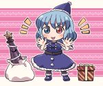  1girl :p belt black_belt blue_boots blue_capelet blue_dress blue_eyes blue_hair blue_hat blue_santa_costume blush boots box buttons capelet closed_mouth commentary_request dress full_body fur-trimmed_boots fur-trimmed_capelet fur-trimmed_dress fur_trim gift gift_box hands_up hat heterochromia karakasa_obake letterboxed looking_at_viewer notice_lines outline outside_border purple_umbrella red_eyes rokugou_daisuke santa_costume santa_dress santa_hat short_hair signature smile solo standing tatara_kogasa tongue tongue_out touhou umbrella v-shaped_eyebrows white_outline 
