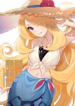  1girl abe_(kumayu) artist_name blonde_hair collarbone commentary_request crop_top curly_hair cynthia_(pokemon) cynthia_(summer_2025)_(pokemon) eyelashes flower grey_eyes grin hair_over_one_eye hand_up hat hat_flower head_tilt highres long_hair navel official_alternate_costume pokemon pokemon_masters_ex sarong shirt sleeveless sleeveless_shirt smile solo teeth tied_shirt twitter_username watermark white_background yellow_hat 