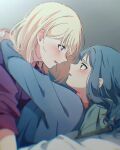  2girls aotsubaki_toto bang_dream! bang_dream!_it's_mygo!!!!! blonde_hair blue_hair blue_shirt blush commentary_request eye_contact long_hair looking_at_another medium_hair misumi_uika multiple_girls one_eye_covered open_mouth purple_eyes purple_shirt shirt togawa_sakiko yellow_eyes yuri 